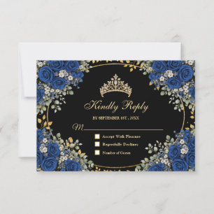 Cartão RSVP Preto e Azul Real Dourado Borboleta Quinceañera