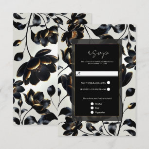 Cartão RSVP Preto e Dourado Floral Bege Elegante Casamento RSV