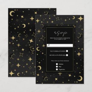 Cartão RSVP Preto e Dourado Lua Celestial Estrelas Casamento R