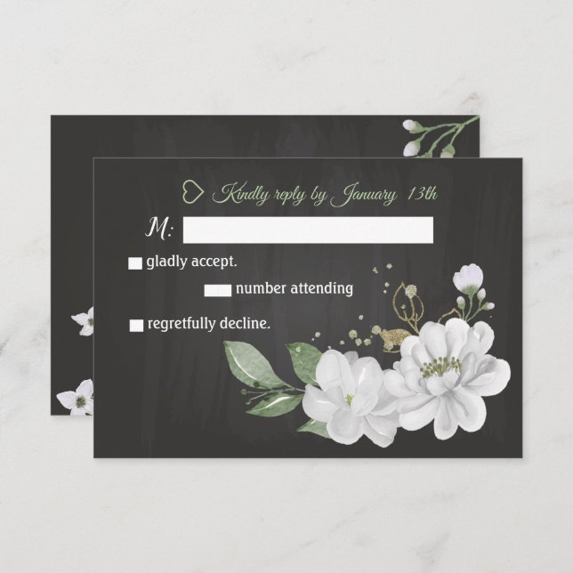 cartão RSVP preto verde flores brancas (Frente/Verso)