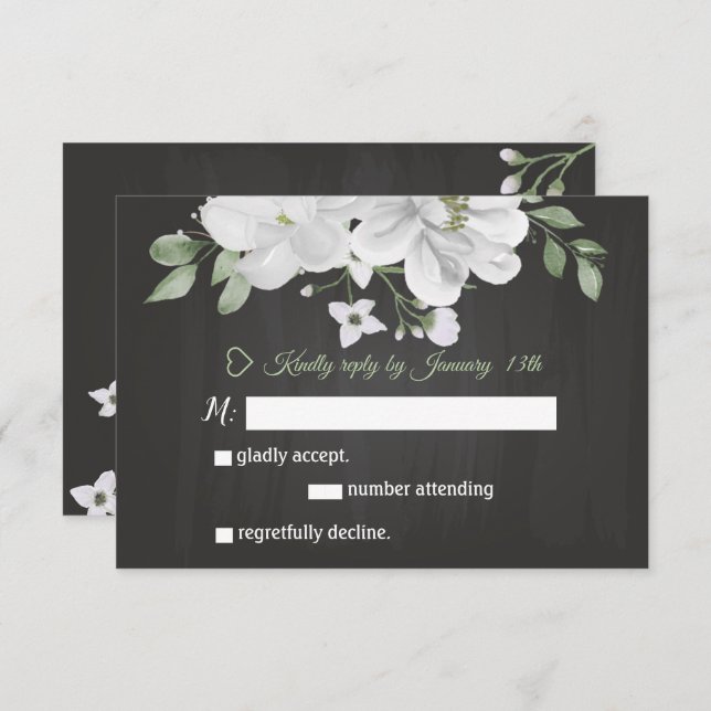 cartão RSVP preto verde flores brancas (Frente/Verso)