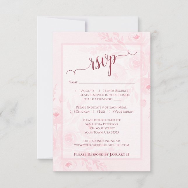 Cartão RSVP Pretty Pink Boho Chic Watercolor Peonies Wedding (Frente)