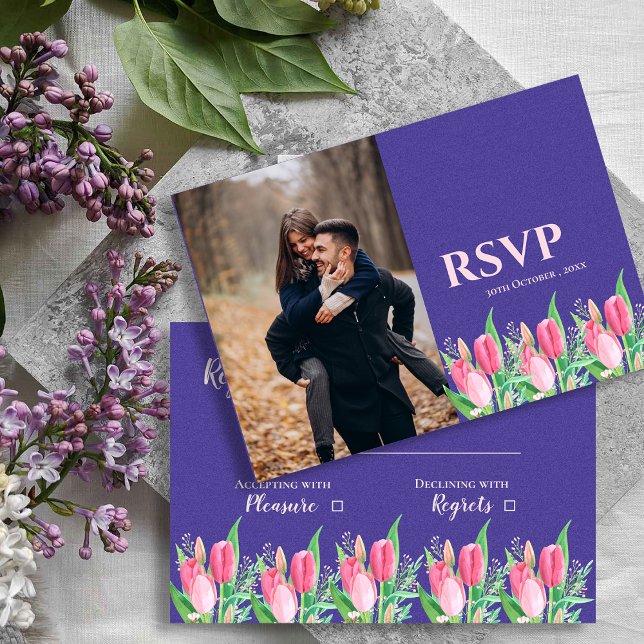 Cartão RSVP  Pretty Purple & Blush Tulip Floral Photo Wedding (Pretty Purple & Blush Tulip Floral Photo Wedding RSVP Card)