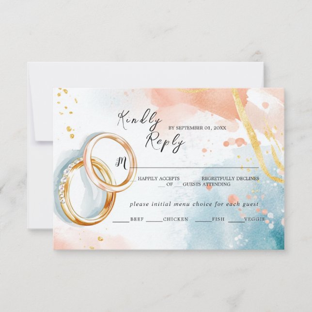 Cartão RSVP Primavera de Elegante Anéis de ouro de Verão Casam (Frente)