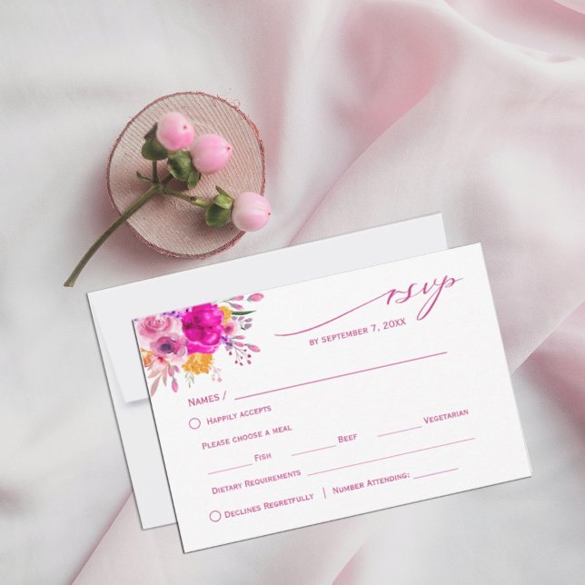 Cartão RSVP Primavera de flor selvagem colorida (watercolor flowers in shades of pink and white in rustic garden greenery. #rsvp #responsecards)