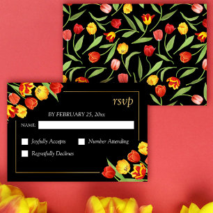Cartão RSVP Primavera Floral Red & Yellow Tulips Black Weds