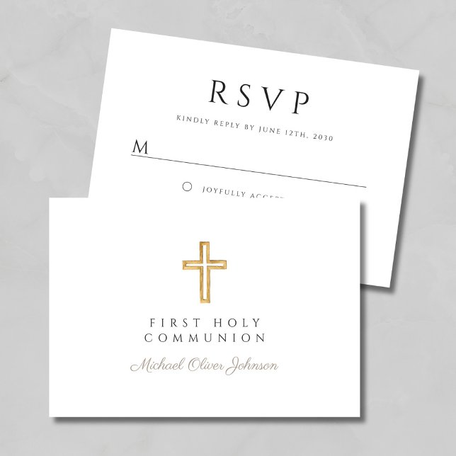 Cartão RSVP Primeira comuna religiosa Cross Taupe Boy (Religious Cross Taupe Boy First Communion RSVP Card)
