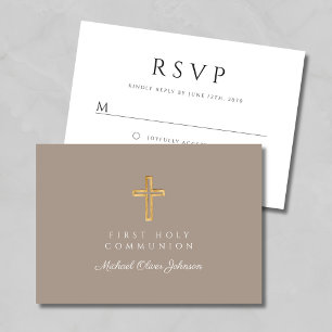 Cartão RSVP Primeira comuna religiosa Cross Taupe Boy
