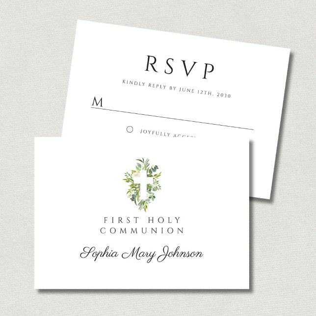 Cartão RSVP Primeira Comunicação da Cruz Botânica Verde Elegan (Elegant Green Botanical Cross First Communion RSVP Card)
