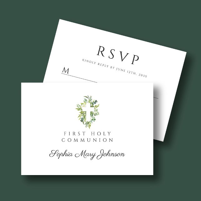 Cartão RSVP Primeira Comunicação da Cruz Botânica Verde Elegan (Elegant Green Botanical Cross First Communion RSVP Card)