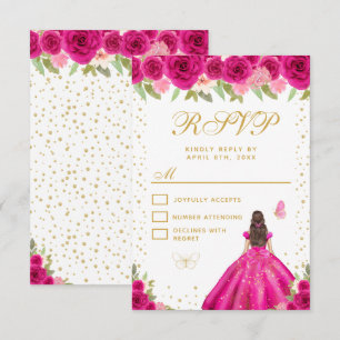 Cartão RSVP Princesa de Cabelo Castanho Rosa Quase Dezesseis A