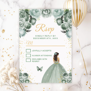 Cartão RSVP Princesa de Cabelo Castanho Sage Verde e Dourado
