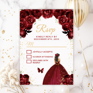 Cartão RSVP Princesa de Cabelo Castanho Vermelho Borgonha e Do