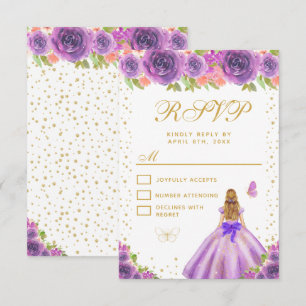 Cartão RSVP Princesa de Cabelo Loiro com Florais Roxos Sweet S
