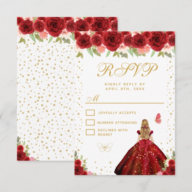 Cartão RSVP Princesa de Cabelo Loiro com Flores Vermelhas Swee (Frente/Verso)