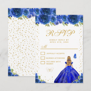 Cartão RSVP Princesa de Cabelo Loiro Floral Azul Sweet Sixteen