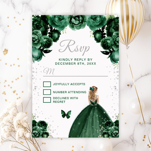 Cartão RSVP Princesa de Cabelo Loiro Prateado e Verde Escuro (Criador carregado)