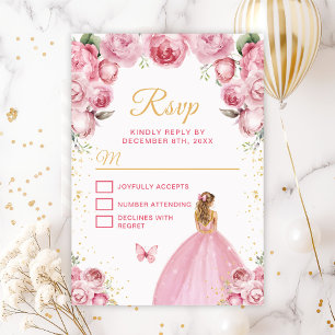 Cartão RSVP Princesa de Cabelo Loiro Rosa e Dourado