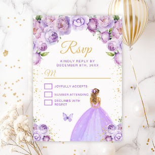 Cartão RSVP Princesa de Cabelo Loiro Roxo Claro e Dourado