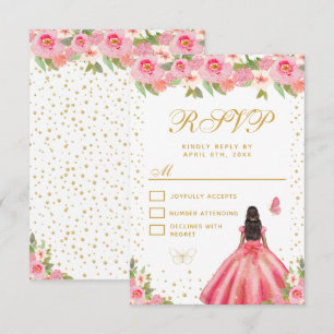 Cartão RSVP Princesa de Dezesseis Anos de Pele Morena com Flor
