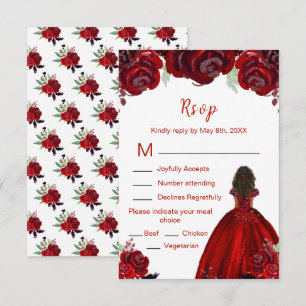 Cartão RSVP Princesa de Pele Escura Vermelho Floral Sweet Sixt