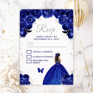 Cartão RSVP Princesa de Pele Morena Azul Escuro e Prata