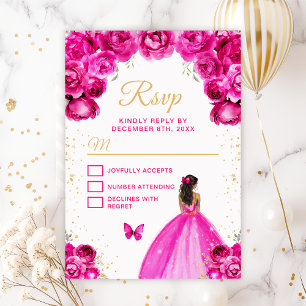 Cartão RSVP Princesa de Pele Morena Rosa Quente e Dourado