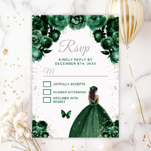 Cartão RSVP Princesa de Pele Morena Verde Escuro e Prata