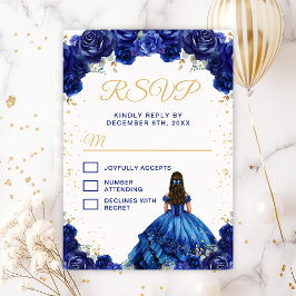 Cartão RSVP Princesa Floral Azul Escura Quinceañera
