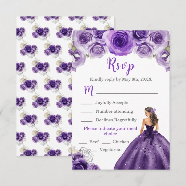 Cartão RSVP Princesa Floral em Escolha de Refeição de Vestido  (Frente/Verso)