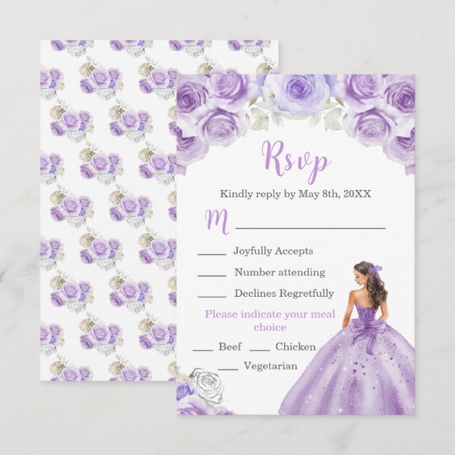 Cartão RSVP Princesa Floral em Escolha de Refeição de Vestido  (Frente/Verso)