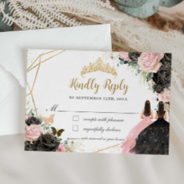 Cartão RSVP Princesa Floral Preta Rosa Gêmeas Quinceañera Resp