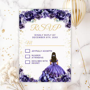Cartão RSVP Princesa Floral Roxa Escura Quinceañera