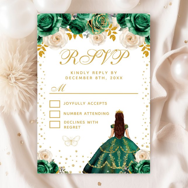 Cartão RSVP Princesa Floral Verde Quinceañera (Criador carregado)