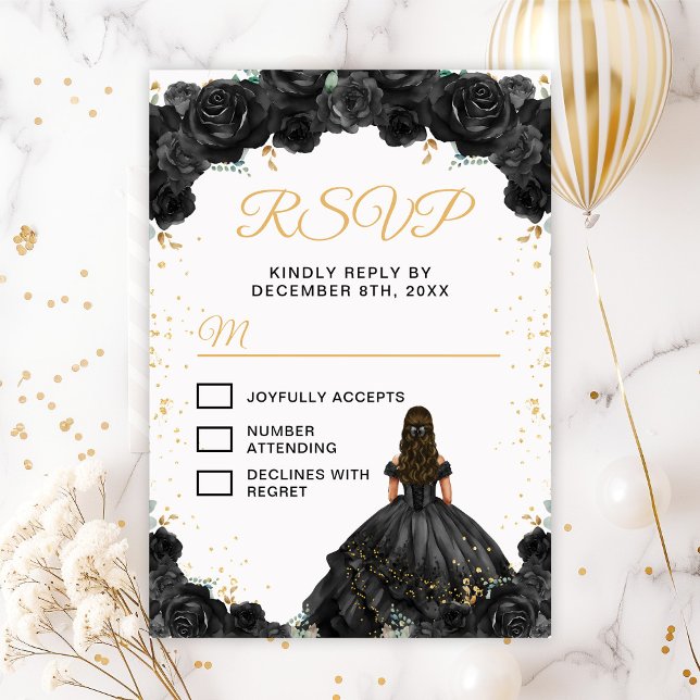 Cartão RSVP Princesa Negra Floral Quinceañera (Criador carregado)