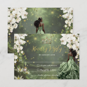 Cartão RSVP Princesa & Sapo Vestido Verde Doce 16 Quinceanera