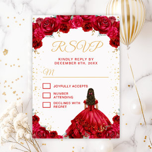 Cartão RSVP Princesa Vermelha Floral Quinceañera
