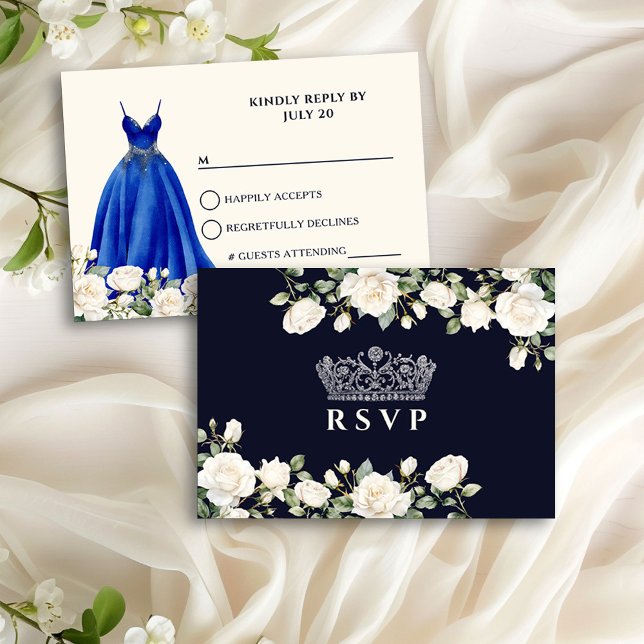 Cartão RSVP Princesa Vestida e Rosas Royal Blue Quinceanera (RSVP card from the Princess Dress and Roses Quinceanera collection by Darling & May)