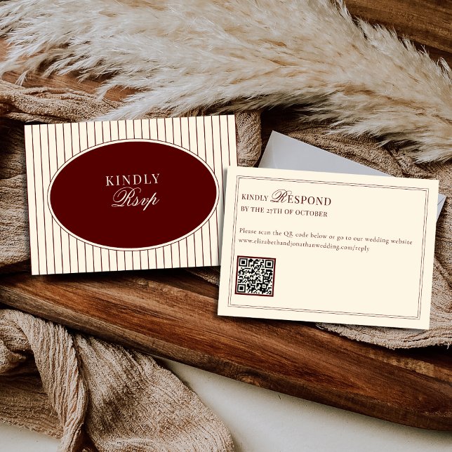 Cartão RSVP Profundas Listras de Marfim Borgonha Oval Antigo D (Criador carregado)