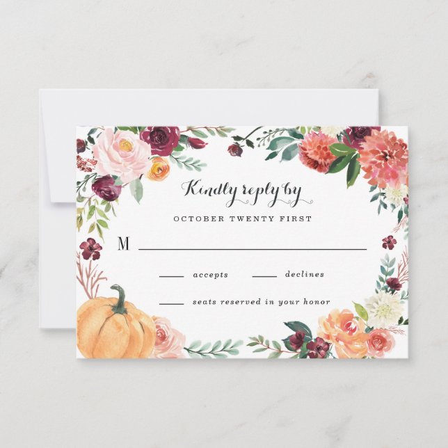 Cartão RSVP Pumpkin Elegant Fall Floral Themed Weding (Frente)