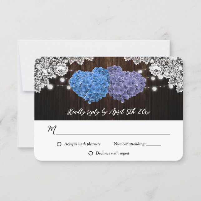 Cartão RSVP Purple and Blue Rustic Floral Lace Wood Wedding (Frente)