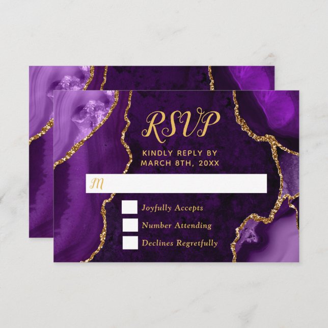 Cartão RSVP Purple and Gold Agate Marble (Frente/Verso)