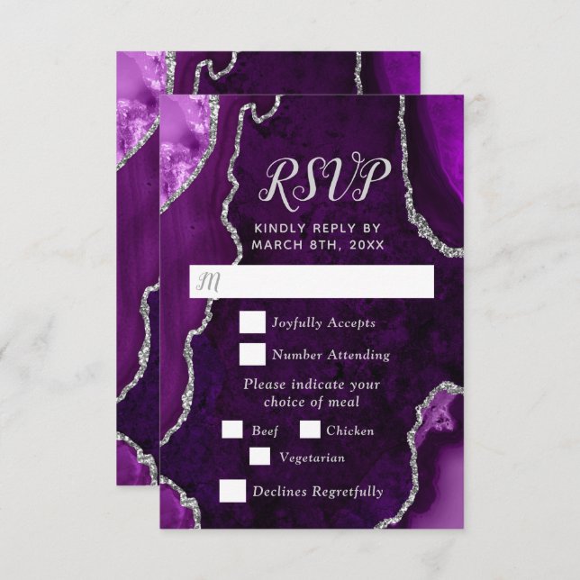 Cartão RSVP Purple and Silver Agate Wedding Meal Choice (Frente/Verso)