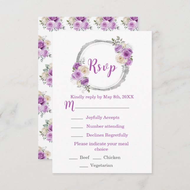Cartão RSVP Purple and Silver Elegant Flowers Sweet Sixteen (Frente/Verso)