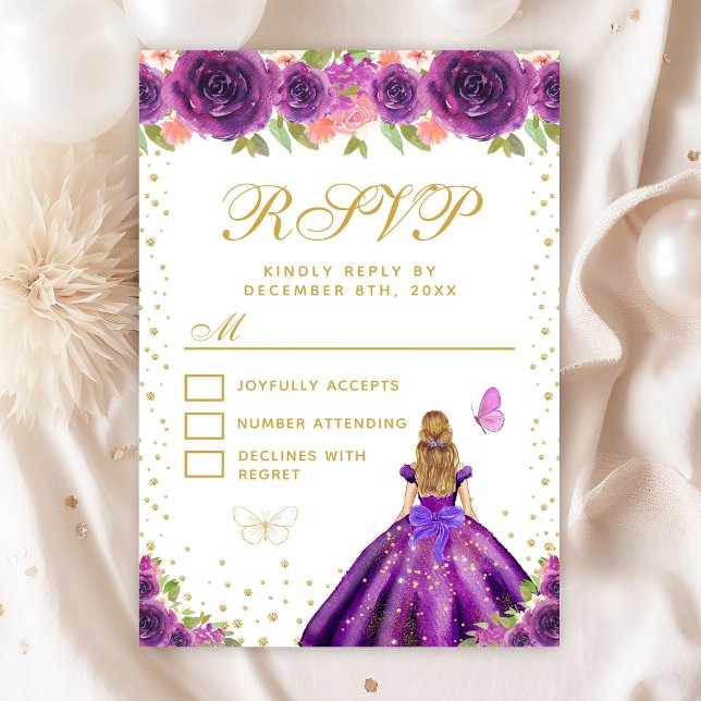 Cartão RSVP Purple Floral Blonde Hair Princess Sweet (Criador carregado)