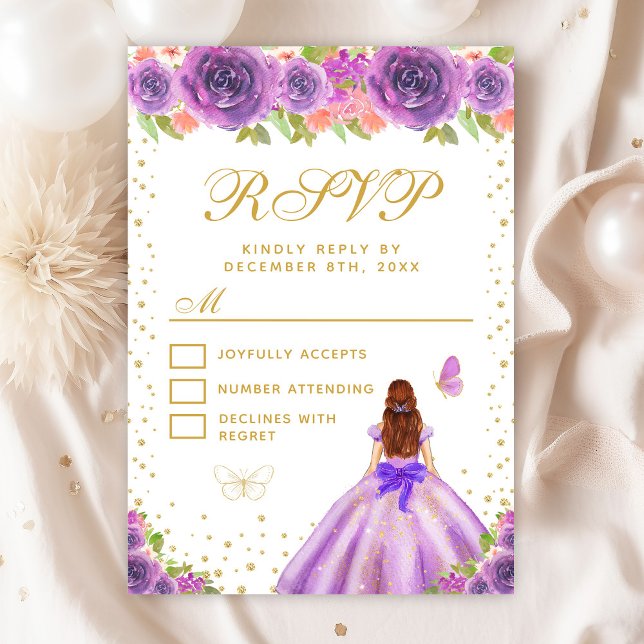 Cartão RSVP Purple Floral Brown Hair Princess Sweet (Criador carregado)