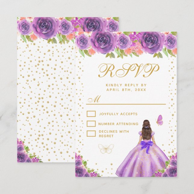 Cartão RSVP Purple Floral Brunette Hair Princess Sweet Sixteen (Frente/Verso)