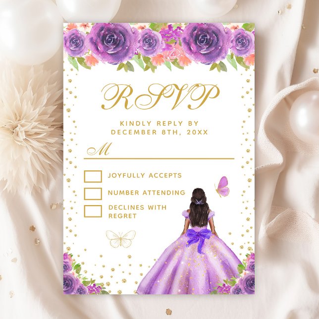 Cartão RSVP Purple Floral Dark Skin Princess Sweet (Criador carregado)