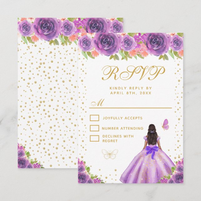 Cartão RSVP Purple Floral Dark Skin Princess Sweet Sixteen (Frente/Verso)