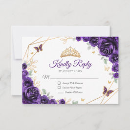 Cartão RSVP Purple Gold Floral Quinceanera Reply